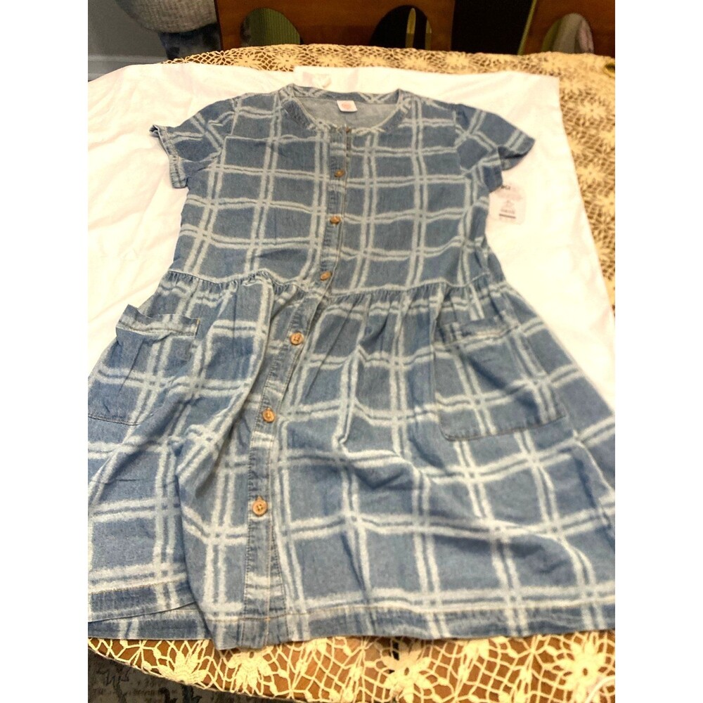 Wonder Nation Girls XL (14–16 Plus) Denim‑Look Plaid Button‑Front Dress – NWT